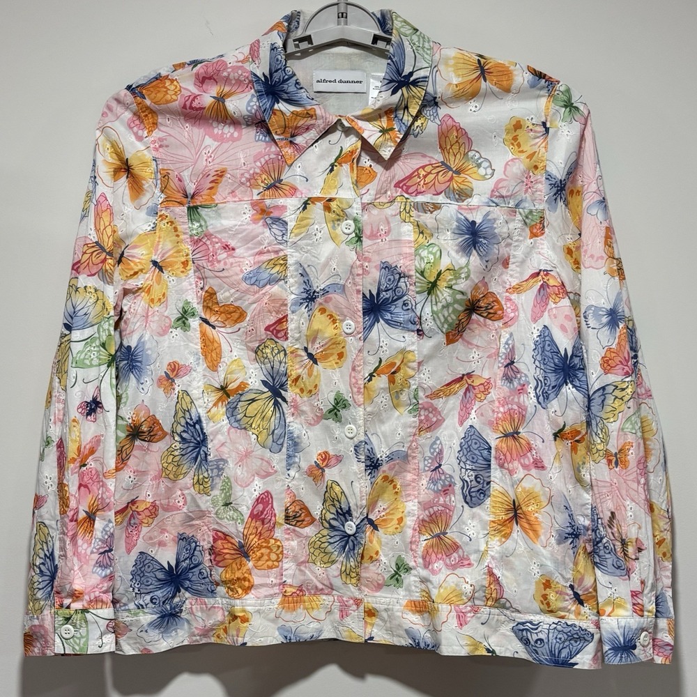 Alfred Dunner Jacket Bright Colorful Butterfly Print Cotton Eyelet Light Size 18